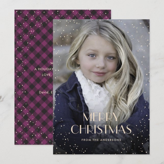 Purple Plaid Snow Photo Christmas Cards (Front/Back)