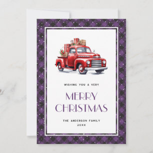 Purple Plaid Snow Red Truck Merry Christmas Card