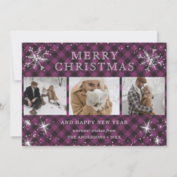 Purple Plaid Snowflake Photo Collage Christmas Card