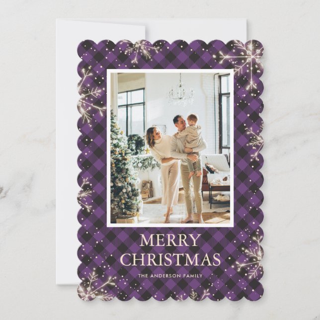Purple Plaid Snowflake Photo Merry Christmas Holiday Card (Front)