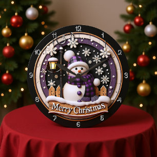 Purple Plaid Snowman Merry Christmas Large Clock