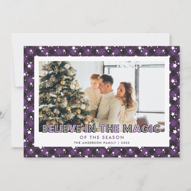 Purple Plaid Stars Believe Photo Christmas Card (Front)