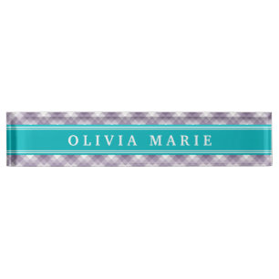Purple Plaid Stripe Pattern Teal Blue Accent Desk Name Plate