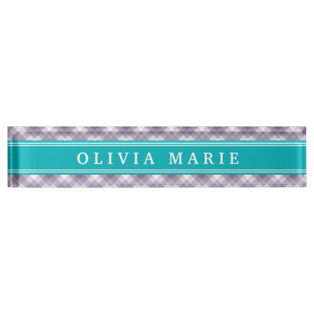 Purple Plaid Stripe Pattern Teal Blue Accent Desk Name Plate (Front)