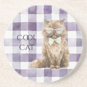 Purple Plaid Stripes Brown Cool Cat Glasses Coaster