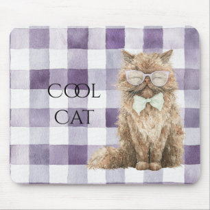 Purple Plaid Stripes Brown Cool Cat Glasses Mouse Pad