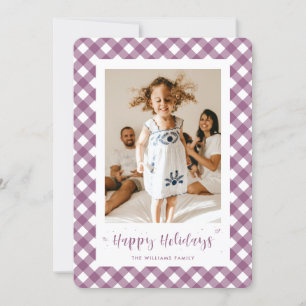 Purple Plaid Typography Photo Happy Holiday Card