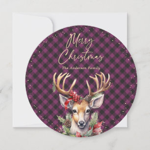 Purple Plaid Watercolor Deer Christmas Holiday Card
