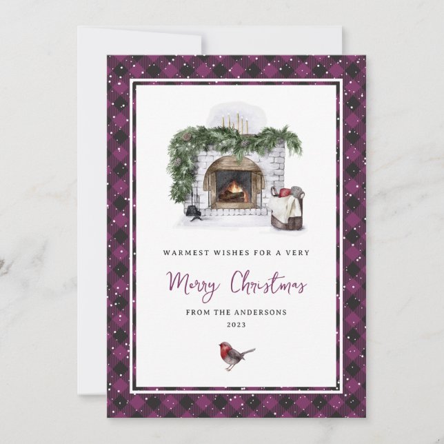 Purple Plaid Watercolor Merry Christmas Holiday Card (Front)