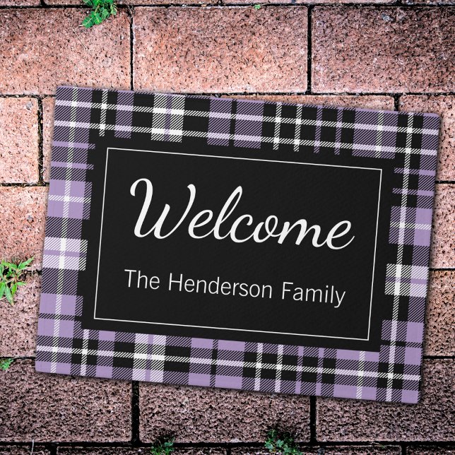Purple Plaid Welcome Monogrammed Family Name Doormat (Creator Uploaded)