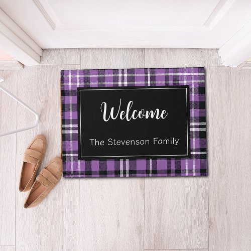Purple Plaid Welcome Monogrammed Family Name  Doormat