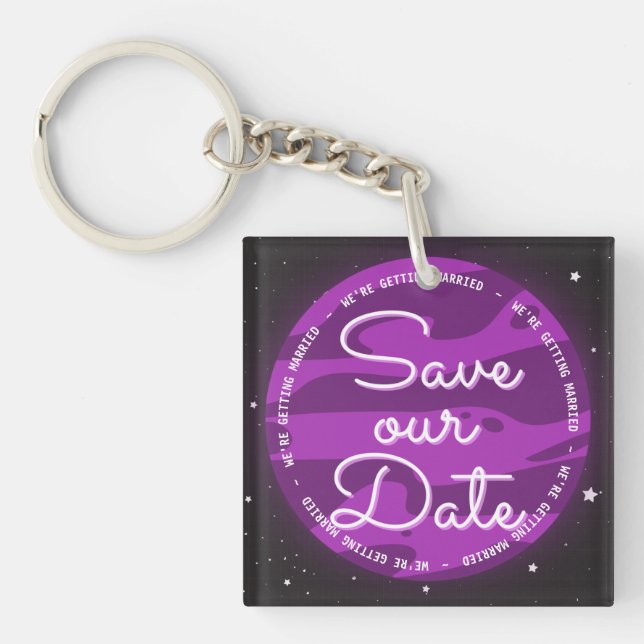 Purple Planet Space Themed Save Our Date Keychain (Front)