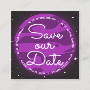 Purple Planet Space Themed Save Our Date Square Business Card