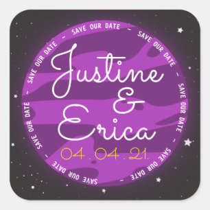 Purple Planet Space Themed Save Our Date Square Sticker