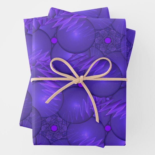Purple planets and lightnings wrapping paper sheets (In situ)
