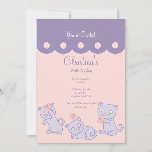 Purple Playful Kittens Birthday Party Invitation