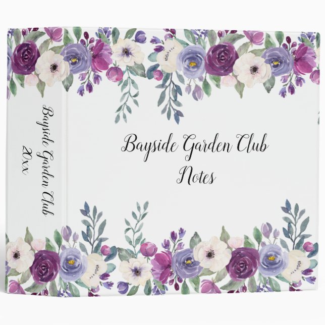 Purple Plum and White Roses Border Gardening 3 Ring Binder (Front/Spine)