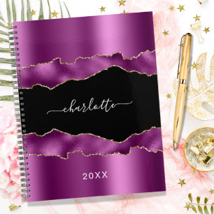 Purple plum black agate marble name script 2025 planner