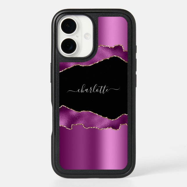 Purple plum black agate marble name script otterbox iPhone case (Back)
