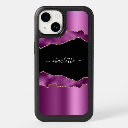 Purple plum black agate marble name script OtterBox iPhone 14 case