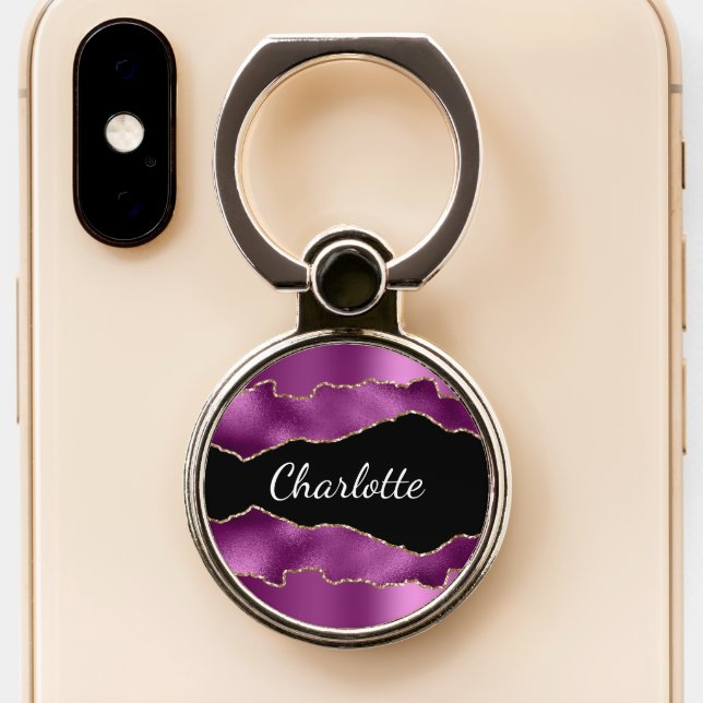 Purple plum black agate marble name script phone ring stand (Close Up)
