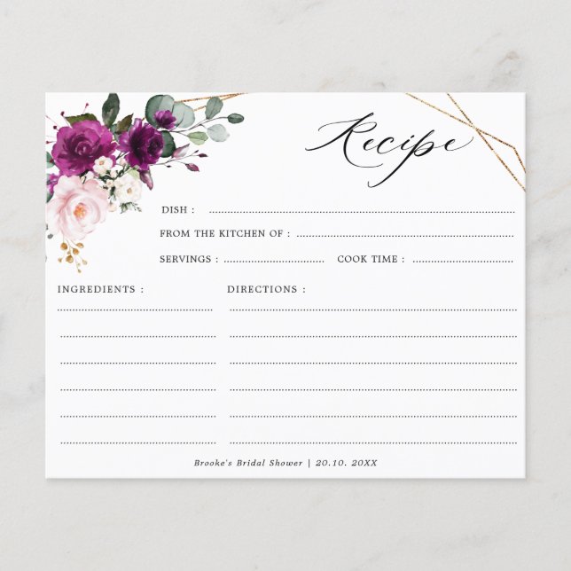 Purple Plum Blush Pink Bridal Shower Recipe card (Front)