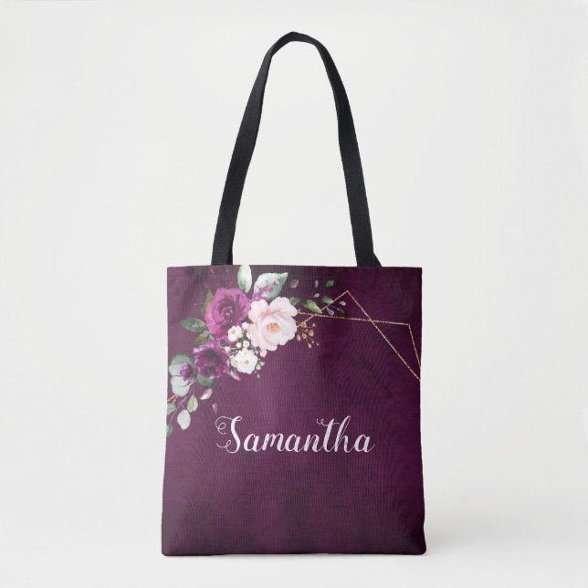 Purple Plum Blush Pink Floral Bridesmaid gift Tote (Front)