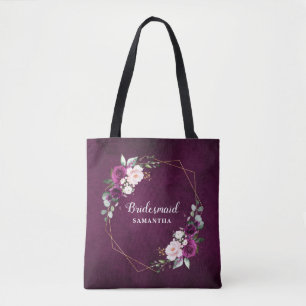 Purple Plum Blush Pink Floral Bridesmaid gift Tote Bag