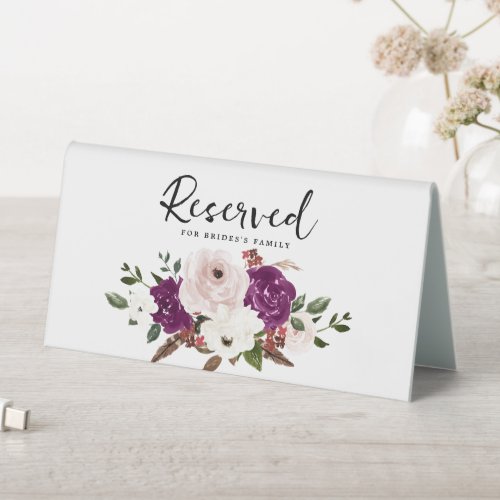 Purple Plum Blush Pink Floral Wedding Reserved  Table Tent Sign