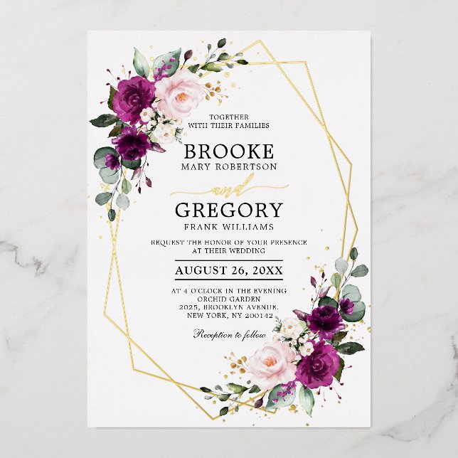 Purple plum Blush Pink Rose Boho Geometric Wedding Foil Invitation (Front)