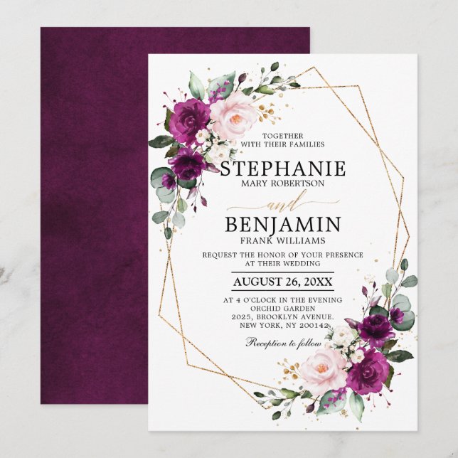 Purple plum Blush Pink Rose Boho Geometric Wedding Invitation (Front/Back)