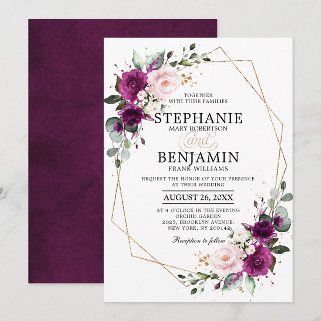 Purple plum Blush Pink Rose Boho Geometric Wedding Invitation (Front/Back)