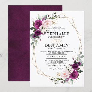 Purple plum Blush Pink Rose Boho Geometric Wedding Invitation