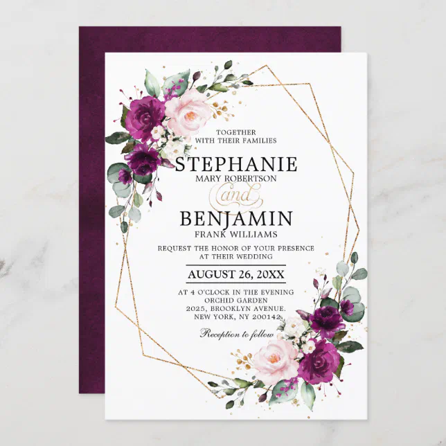 Purple plum Blush Pink Rose Boho Geometric Wedding Invitation | Zazzle