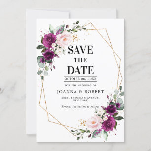 Purple plum Blush Pink Rose Boho Geometric Wedding Save The Date