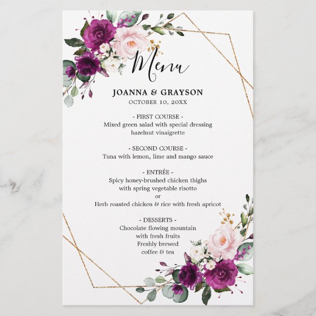Purple Plum Blush Pink Rose Geometric Wedding Menu (Front)