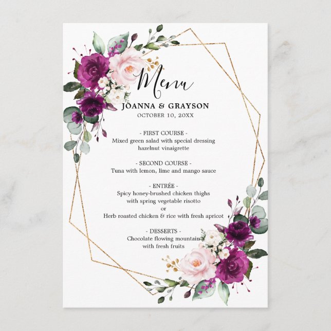 Purple Plum Blush Pink Rose Geometric Wedding Menu (Front)