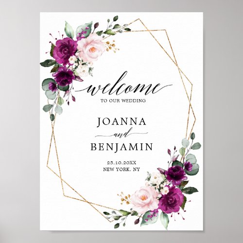 Purple Plum Blush Pink Rose Wedding Welcome Poster