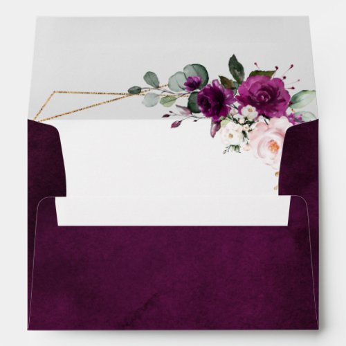 Purple Plum Blush Pink Roses Geometric Wedding Envelope