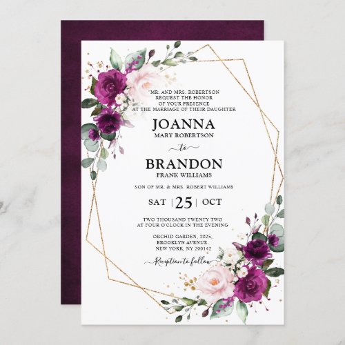 Purple Plum Blush Pink Roses Geometric Wedding Invitation