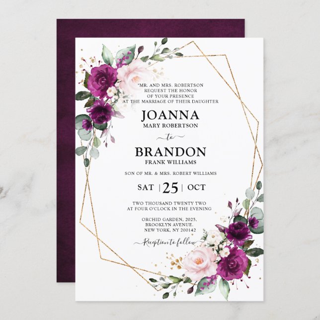 Purple Plum Blush Pink Roses Geometric Wedding Invitation (Front/Back)
