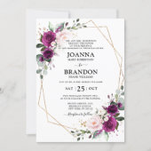 Purple Plum Blush Pink Roses Geometric Wedding Invitation (Front)