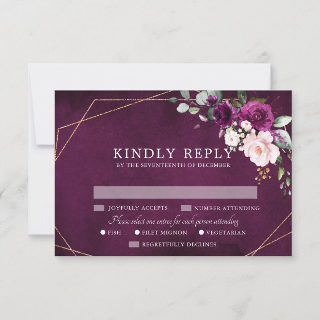 Purple Plum Blush Pink Roses Geometric Wedding RSV RSVP Card (Front)