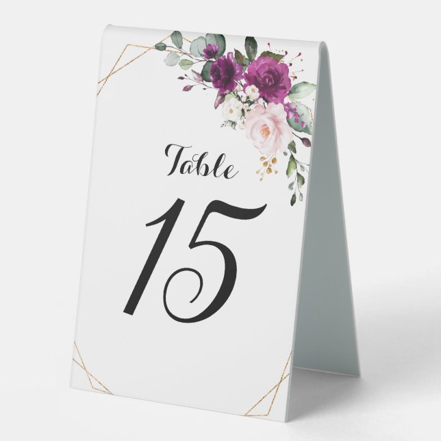 Purple Plum Blush Pink Roses Geometric Wedding Table Tent (Front)
