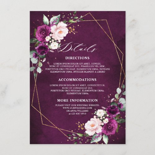 Purple Plum Blush Pink Roses Wedding Details Enclo Enclosure Card