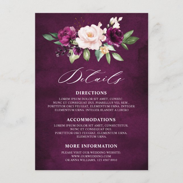 Purple Plum Blush Pink Roses Wedding Details Enclosure Card (Front)