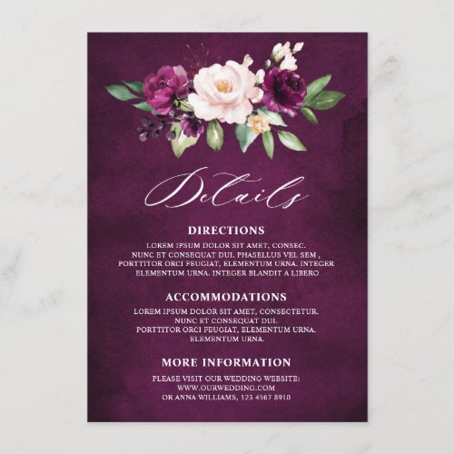 Purple Plum Blush Pink Roses Wedding Details Enclosure Card