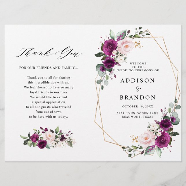 Purple Plum Blush Pink Roses Wedding Program (Front)