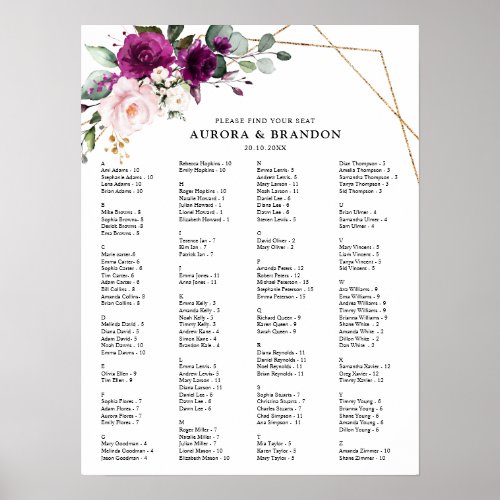 Purple Plum Blush Pink Roses Wedding Seating Chart