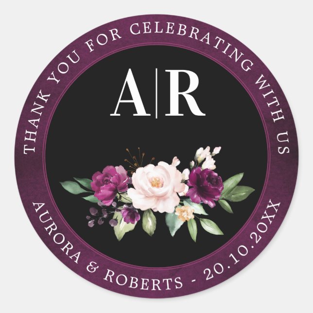 Purple Plum Blush Pink Roses Wedding Thank You Cla Classic Round Sticker (Front)
